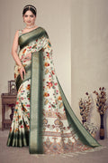 Fabrica Vibe Olive Green Handwoven Cotton Saree with Floral Woven Design & Heritage Border