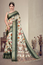 Fabrica Vibe Olive Green Handwoven Cotton Saree with Floral Woven Design & Heritage Border