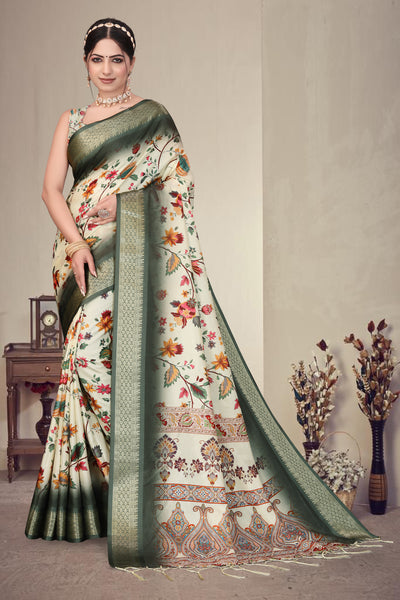 Fabrica Vibe Olive Green Handwoven Cotton Saree with Floral Woven Design & Heritage Border