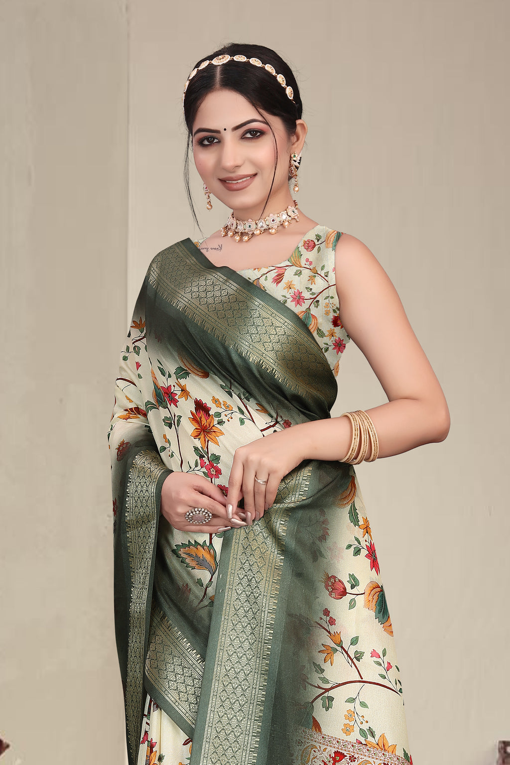 Fabrica Vibe Olive Green Handwoven Cotton Saree with Floral Woven Design & Heritage Border
