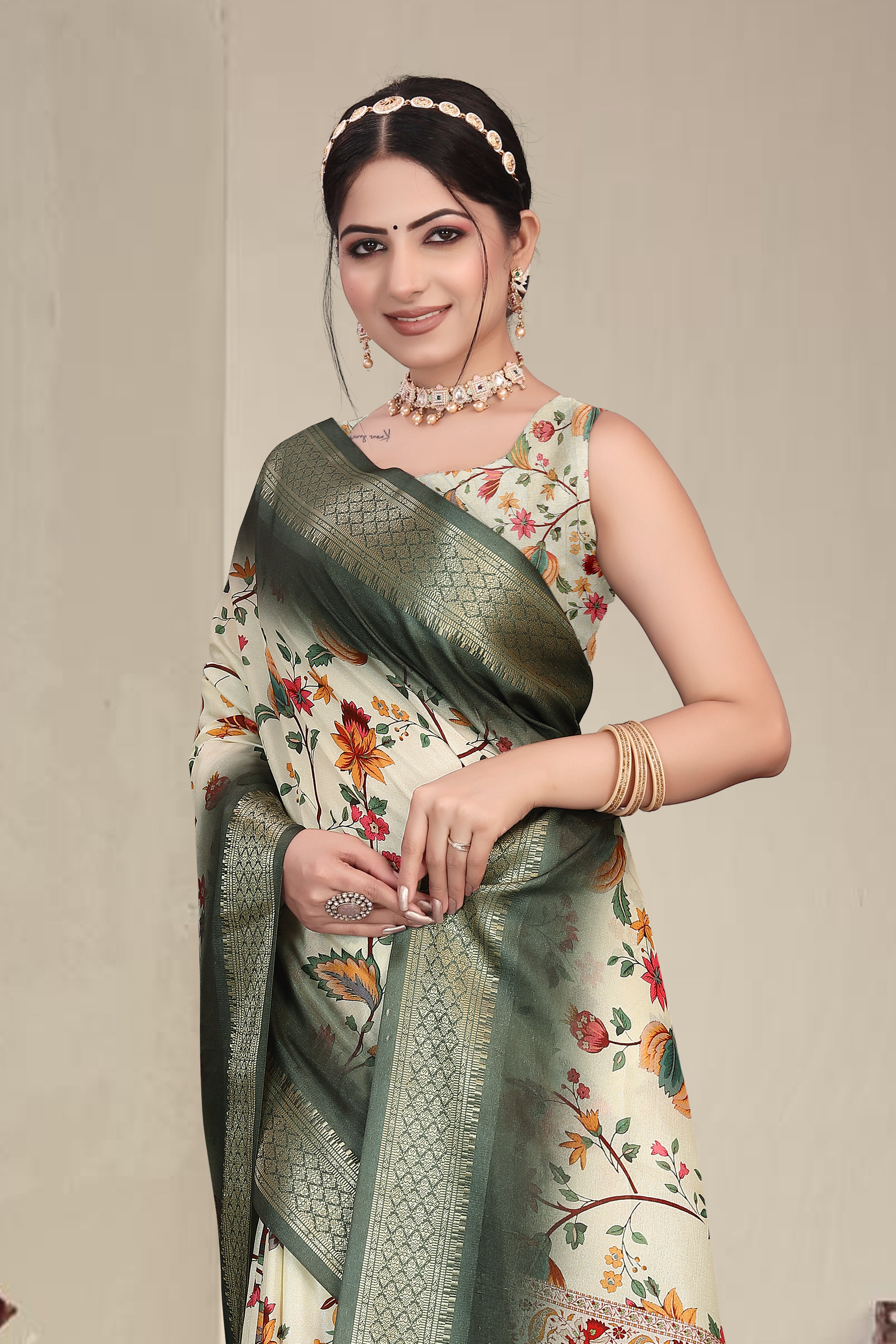 Fabrica Vibe Olive Green Handwoven Cotton Saree with Floral Woven Design & Heritage Border