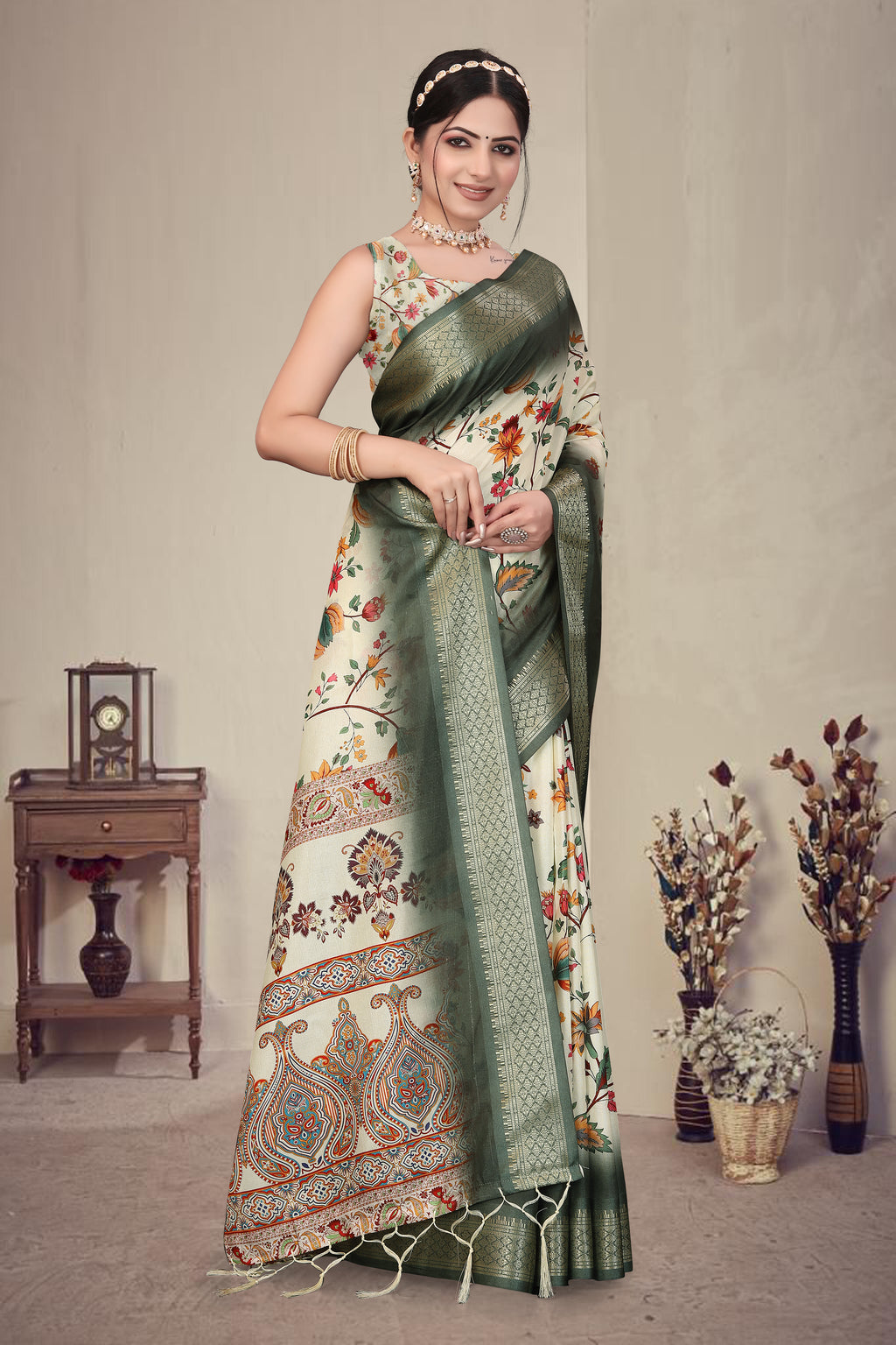 Fabrica Vibe Olive Green Handwoven Cotton Saree with Floral Woven Design & Heritage Border