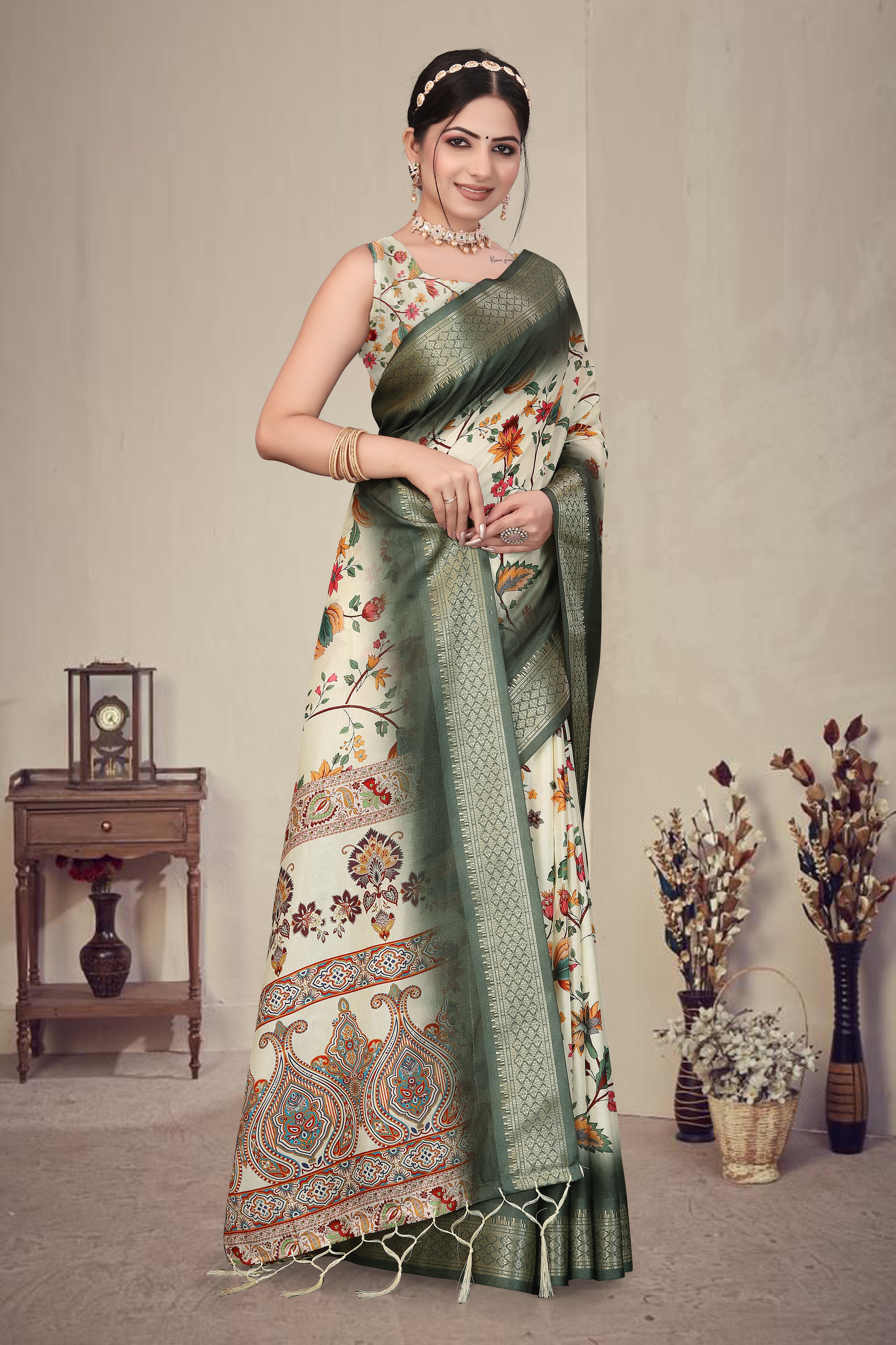 Fabrica Vibe Olive Green Handwoven Cotton Saree with Floral Woven Design & Heritage Border