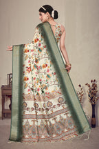 Fabrica Vibe Olive Green Handwoven Cotton Saree with Floral Woven Design & Heritage Border
