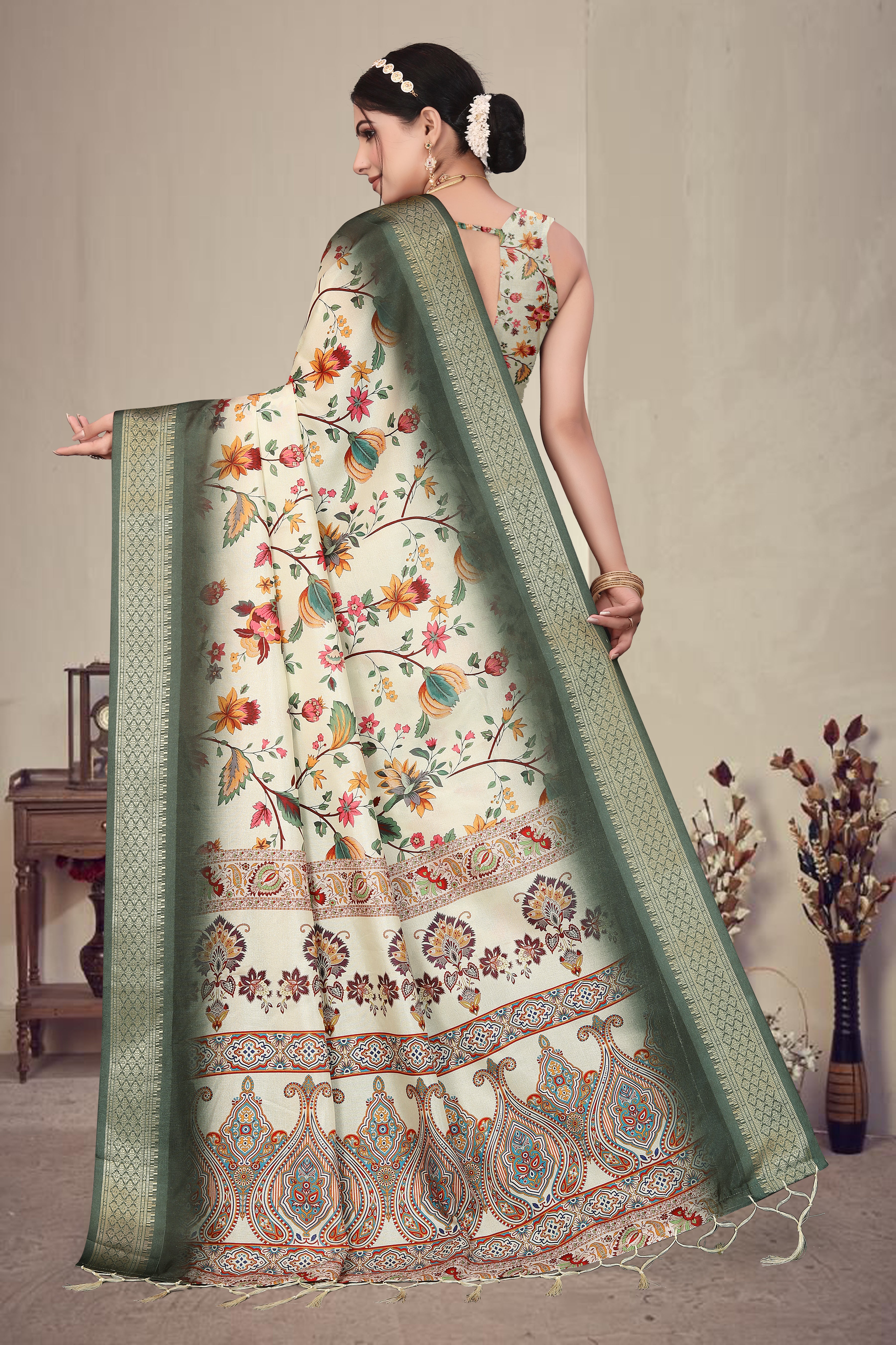 Fabrica Vibe Olive Green Handwoven Cotton Saree with Floral Woven Design & Heritage Border