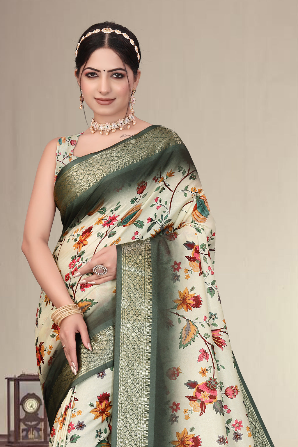 Fabrica Vibe Olive Green Handwoven Cotton Saree with Floral Woven Design & Heritage Border