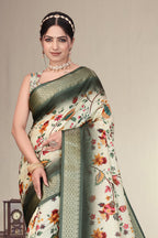 Fabrica Vibe Olive Green Handwoven Cotton Saree with Floral Woven Design & Heritage Border