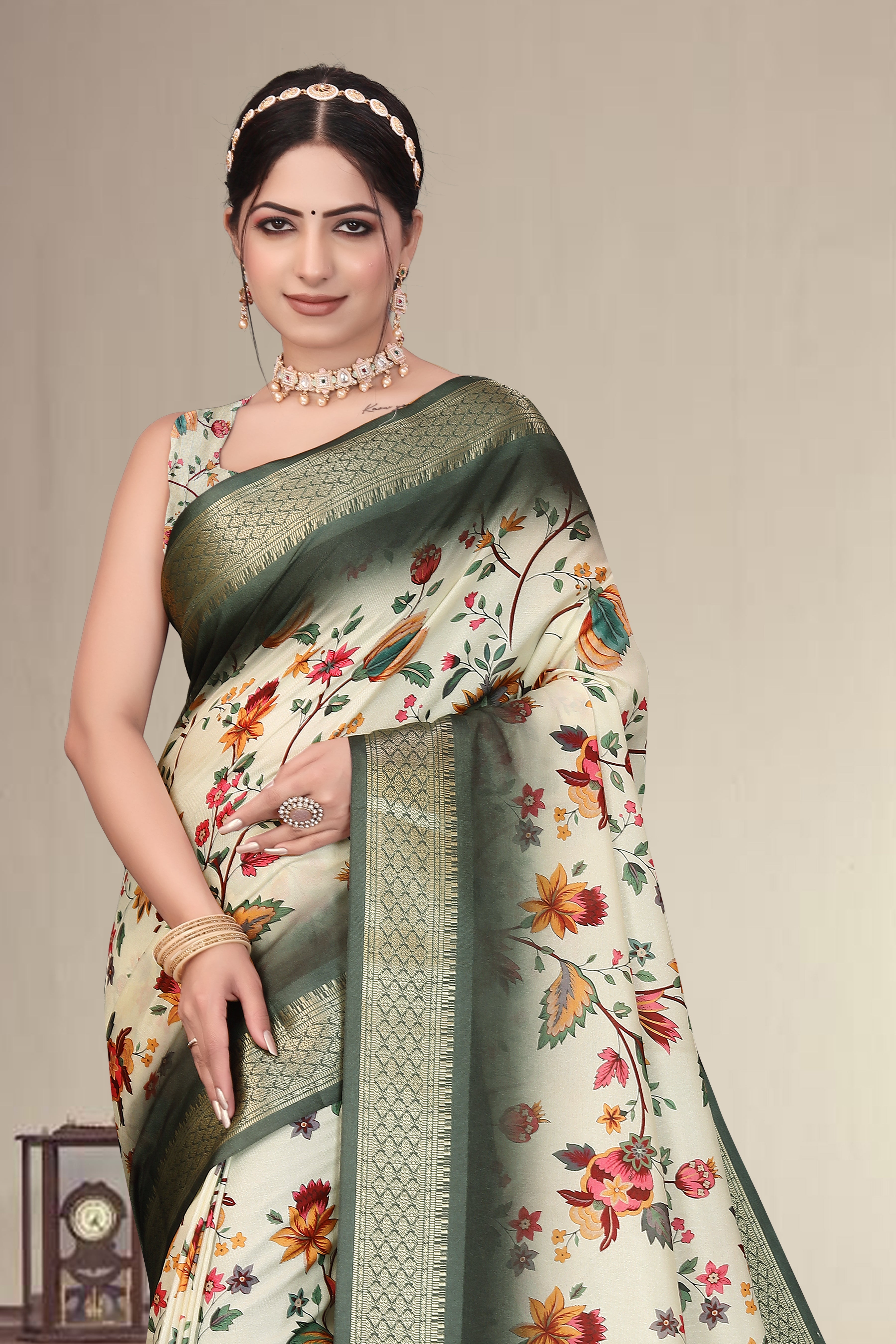 Fabrica Vibe Olive Green Handwoven Cotton Saree with Floral Woven Design & Heritage Border