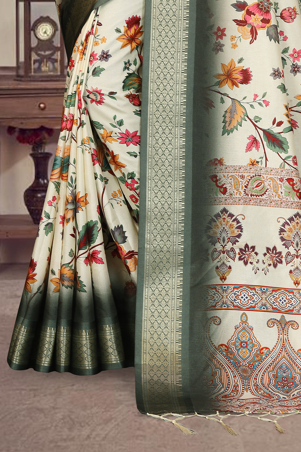 Fabrica Vibe Olive Green Handwoven Cotton Saree with Floral Woven Design & Heritage Border
