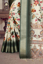 Fabrica Vibe Olive Green Handwoven Cotton Saree with Floral Woven Design & Heritage Border