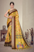 Fabrica Vibe Mustard Yellow Handwoven Cotton Saree with Floral Heritage Woven Design