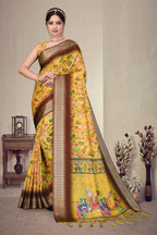 Fabrica Vibe Mustard Yellow Handwoven Cotton Saree with Floral Heritage Woven Design