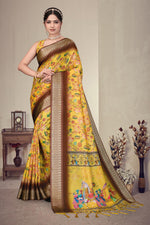 Fabrica Vibe Mustard Yellow Handwoven Cotton Saree with Floral Heritage Woven Design