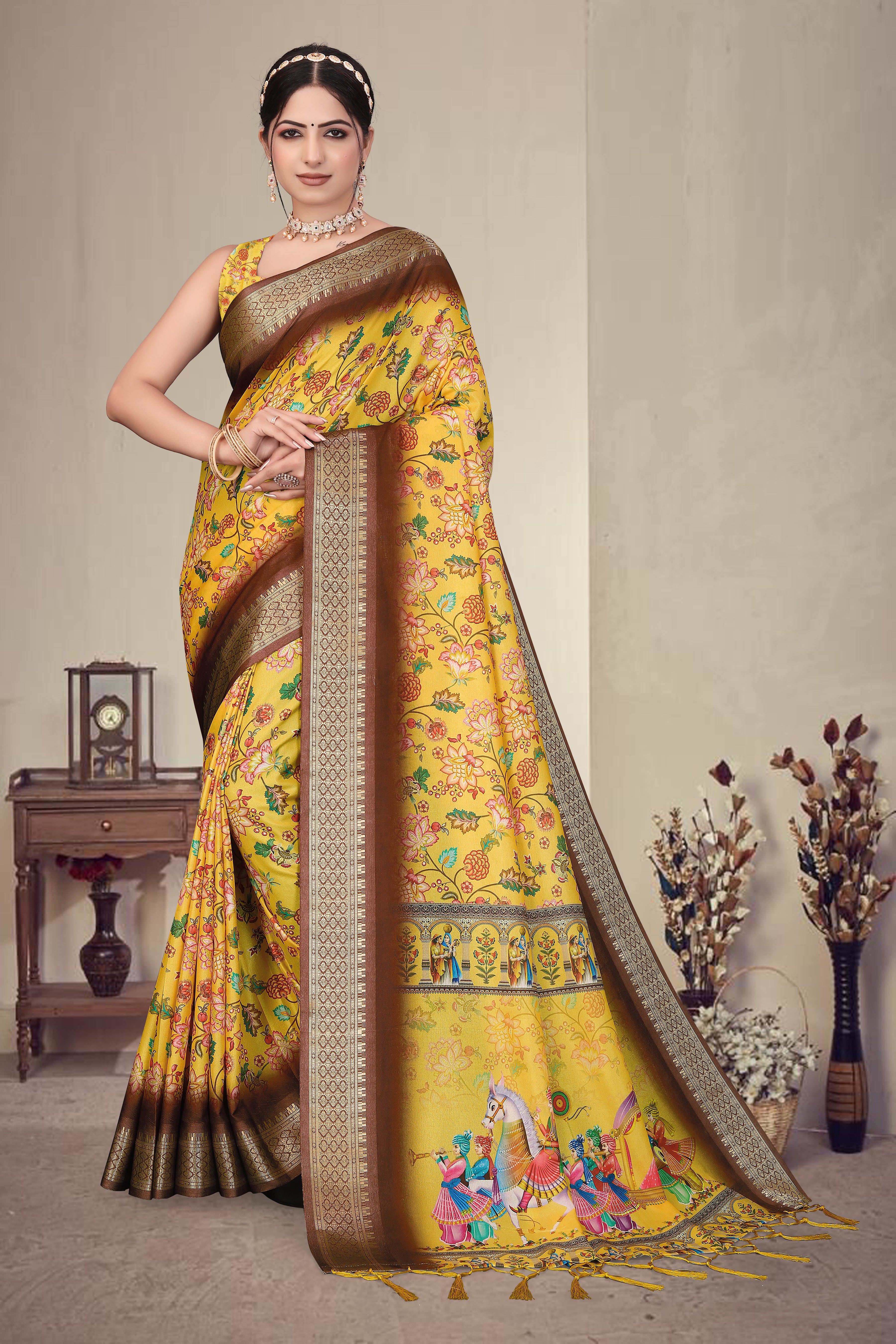 Fabrica Vibe Mustard Yellow Handwoven Cotton Saree with Floral Heritage Woven Design