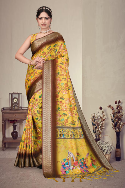 Fabrica Vibe Mustard Yellow Handwoven Cotton Saree with Floral Heritage Woven Design