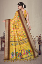 Fabrica Vibe Mustard Yellow Handwoven Cotton Saree with Floral Heritage Woven Design