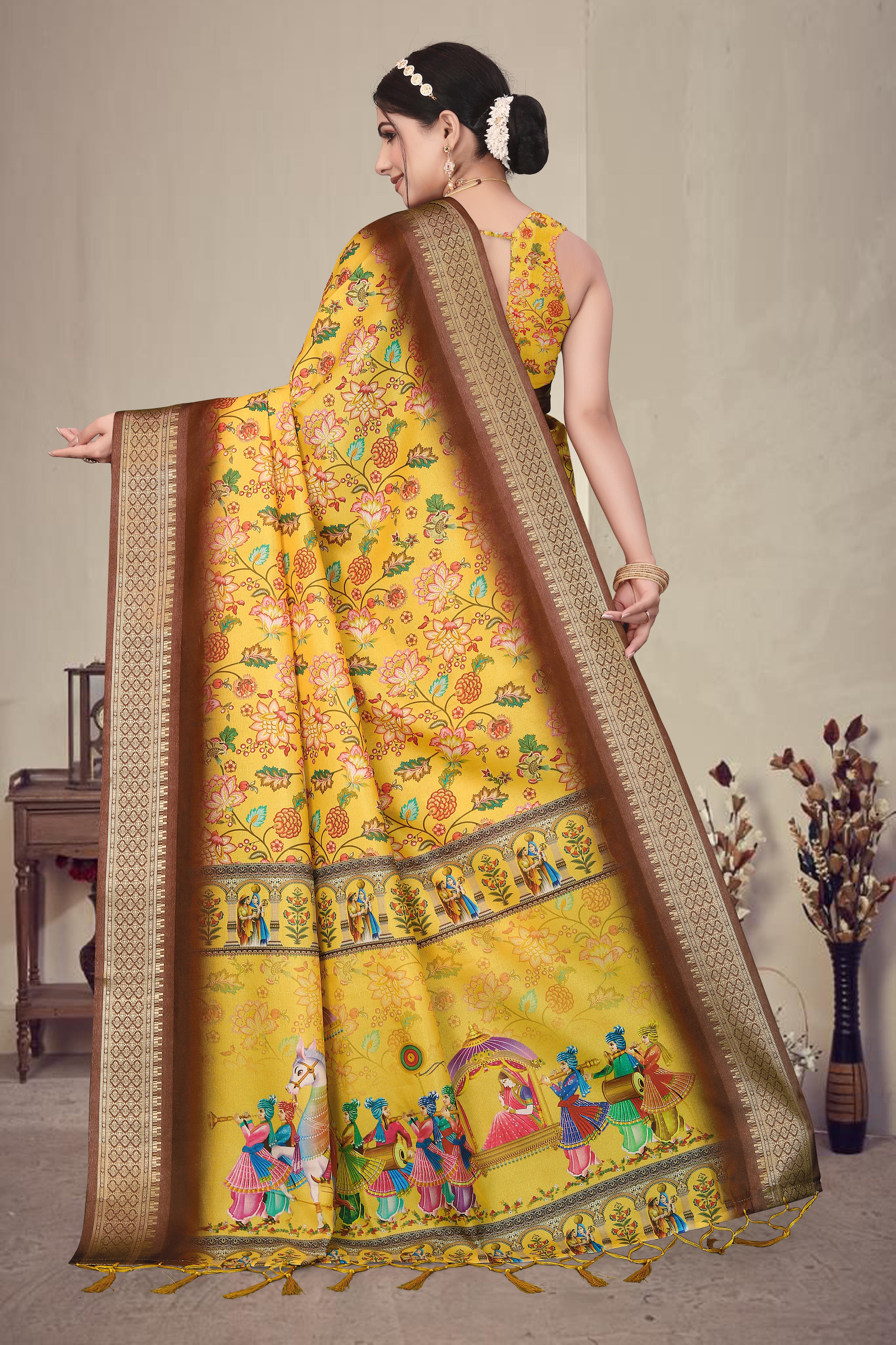Fabrica Vibe Mustard Yellow Handwoven Cotton Saree with Floral Heritage Woven Design