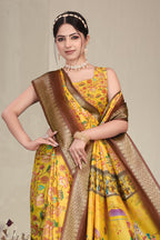 Fabrica Vibe Mustard Yellow Handwoven Cotton Saree with Floral Heritage Woven Design