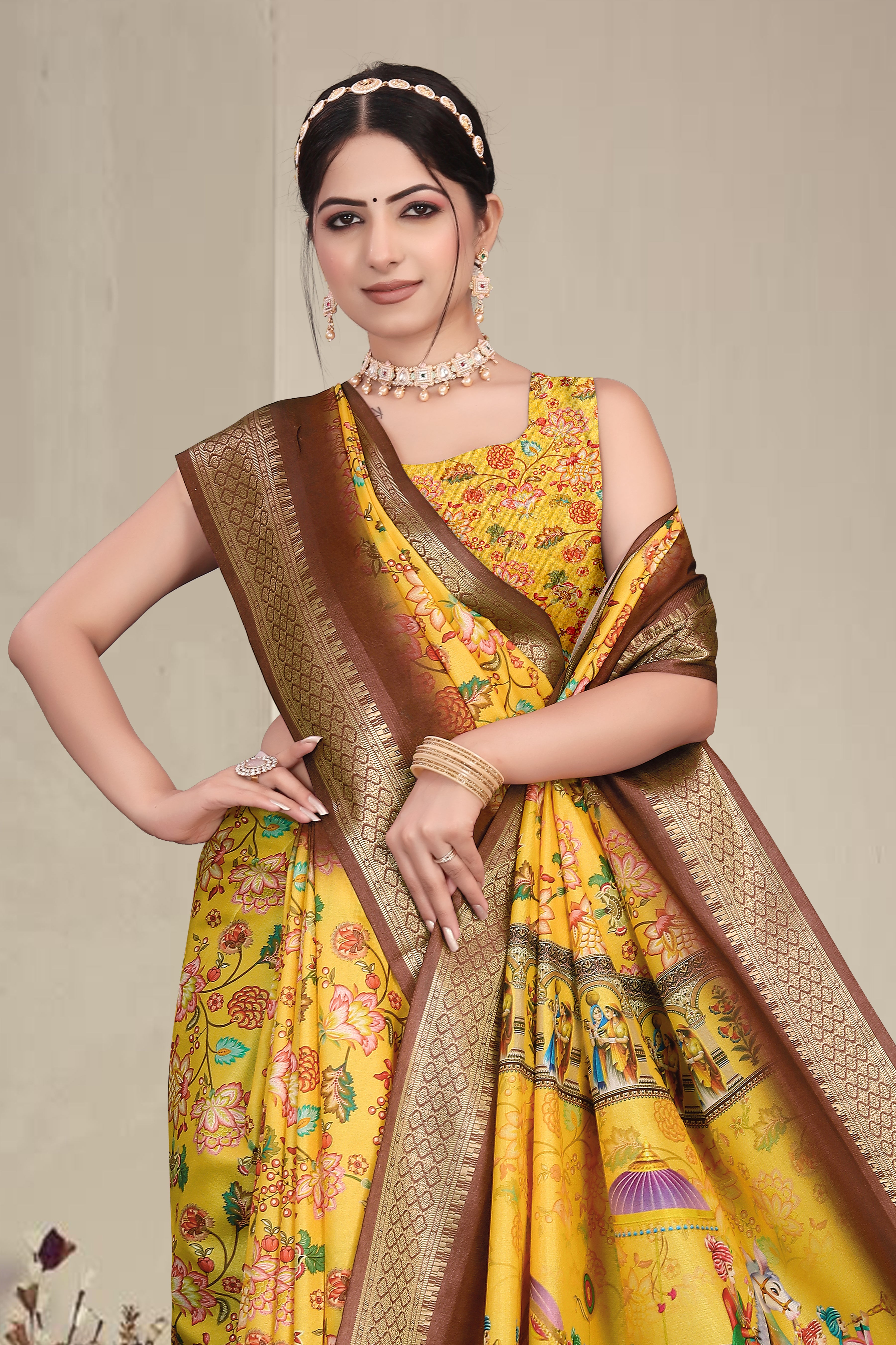 Fabrica Vibe Mustard Yellow Handwoven Cotton Saree with Floral Heritage Woven Design
