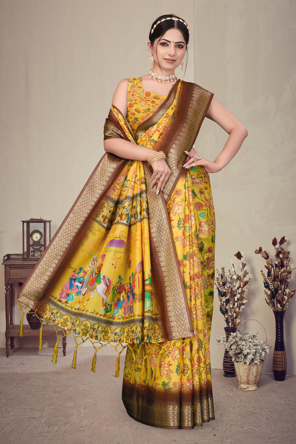 Fabrica Vibe Mustard Yellow Handwoven Cotton Saree with Floral Heritage Woven Design