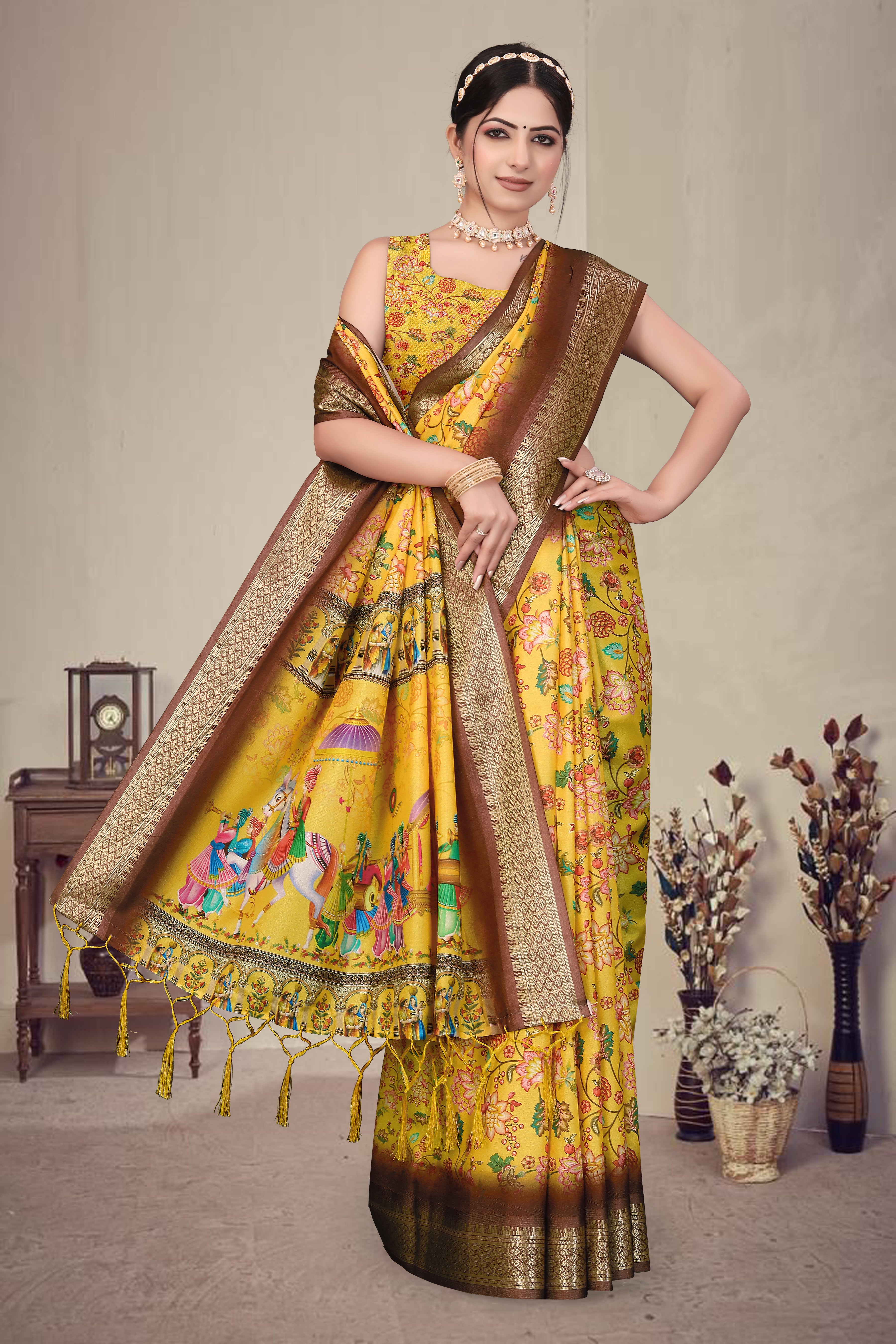 Fabrica Vibe Mustard Yellow Handwoven Cotton Saree with Floral Heritage Woven Design
