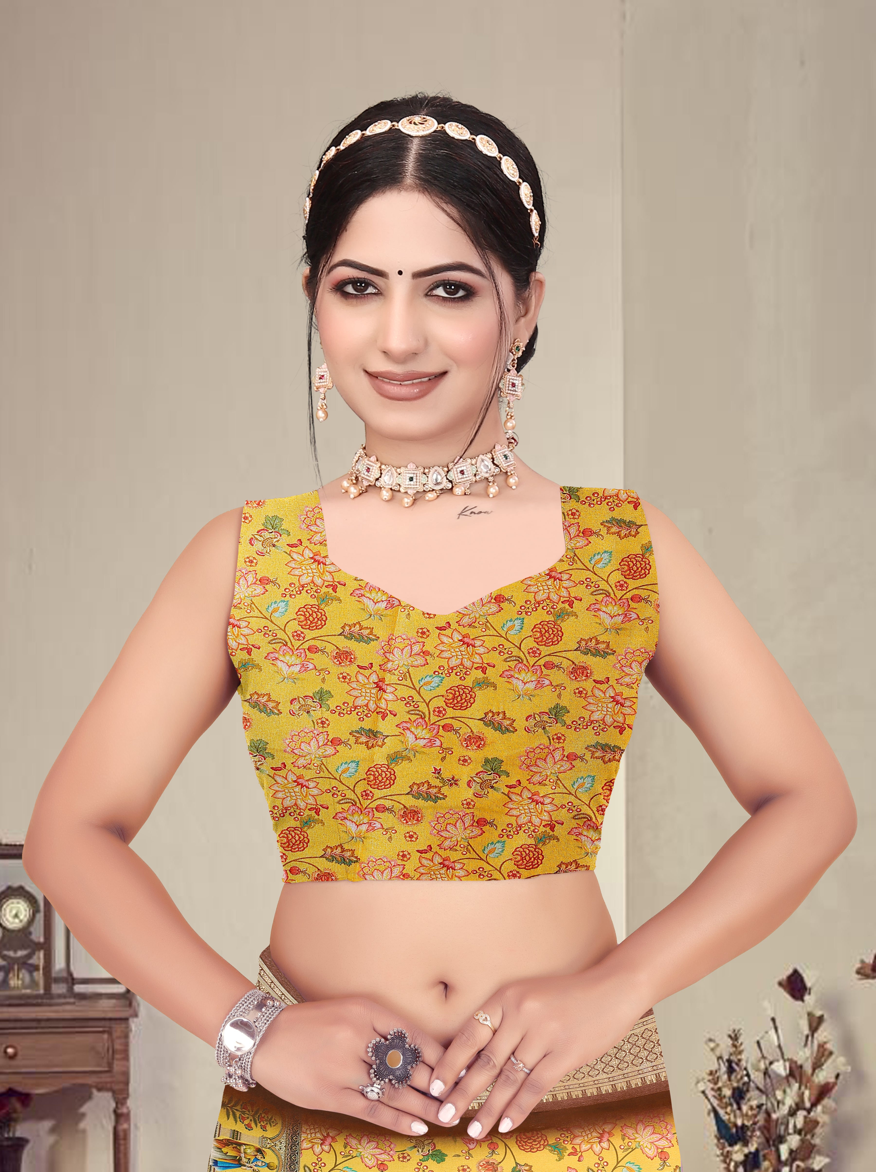 Fabrica Vibe Mustard Yellow Handwoven Cotton Saree with Floral Heritage Woven Design