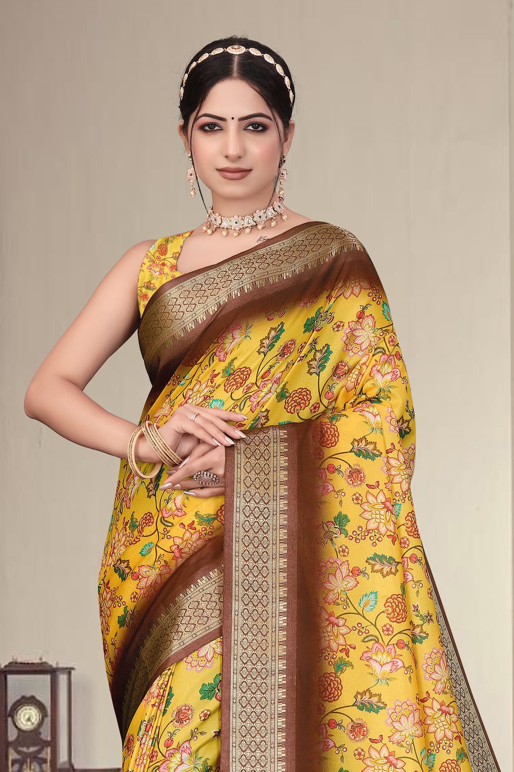 Fabrica Vibe Mustard Yellow Handwoven Cotton Saree with Floral Heritage Woven Design