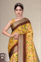 Fabrica Vibe Mustard Yellow Handwoven Cotton Saree with Floral Heritage Woven Design
