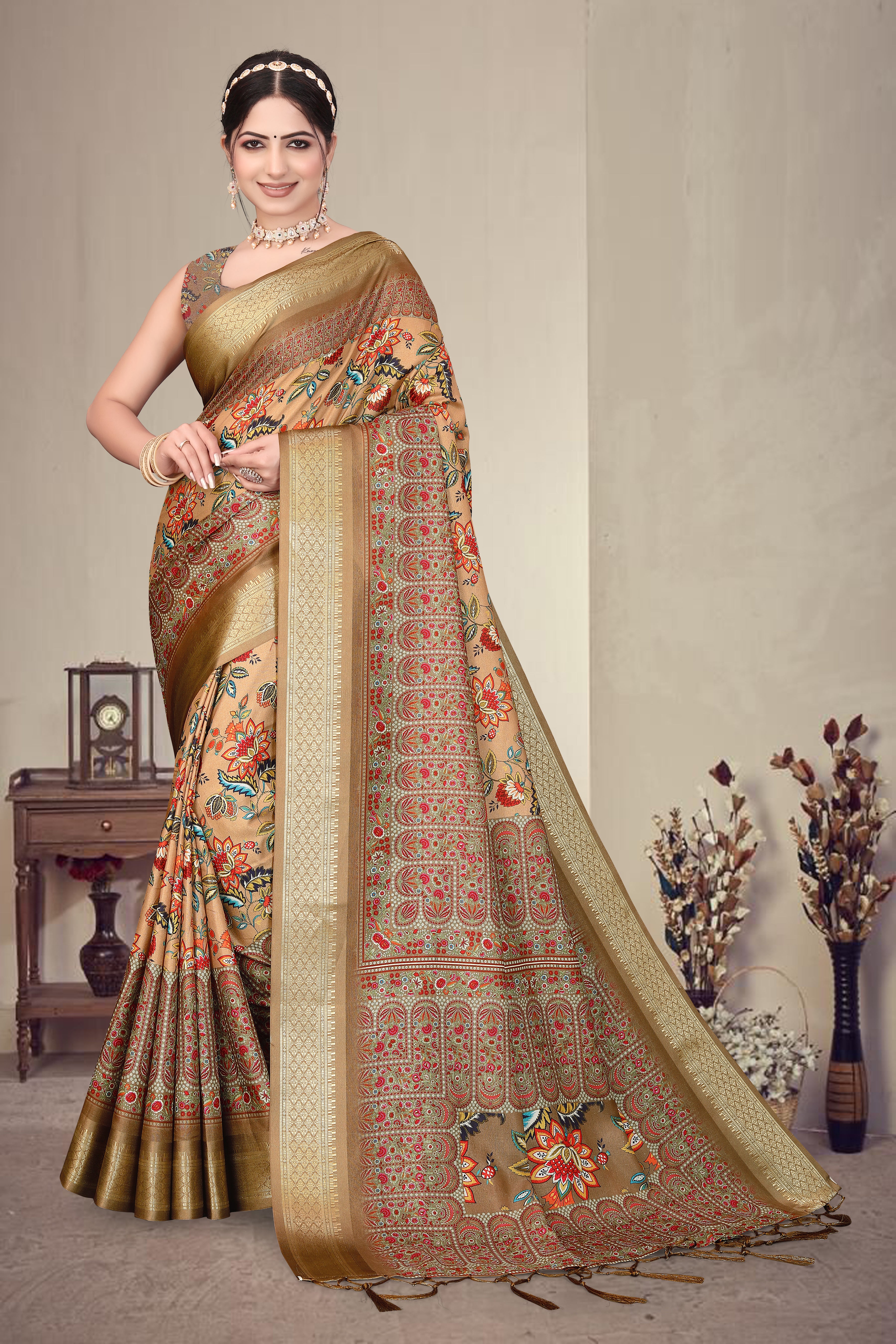 Fabrica Vibe Brown Handwoven Cotton Saree with Floral Heritage Woven Design