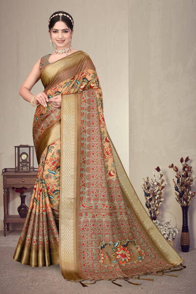 Fabrica Vibe Brown Handwoven Cotton Saree with Floral Heritage Woven Design