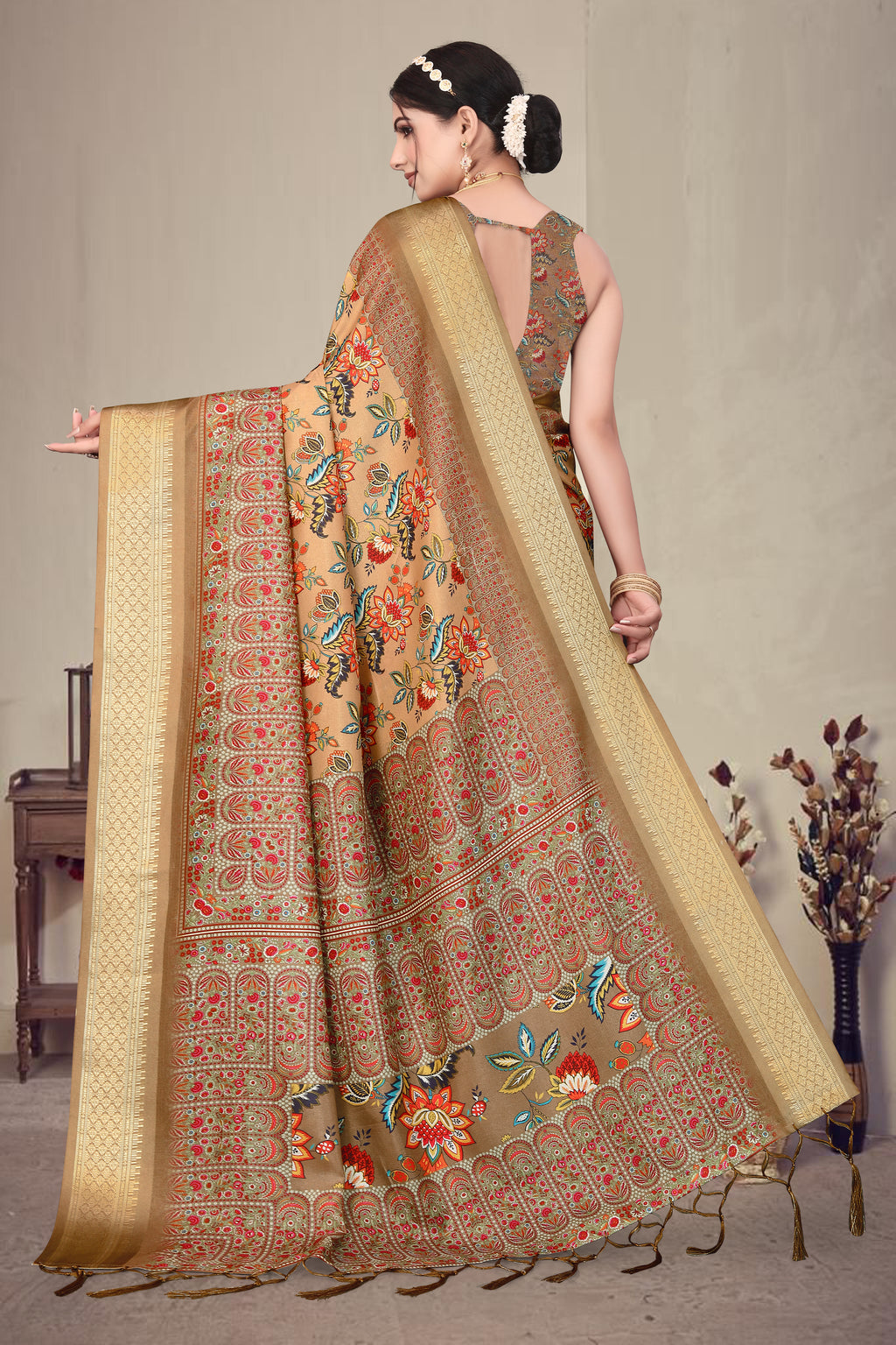 Fabrica Vibe Brown Handwoven Cotton Saree with Floral Heritage Woven Design