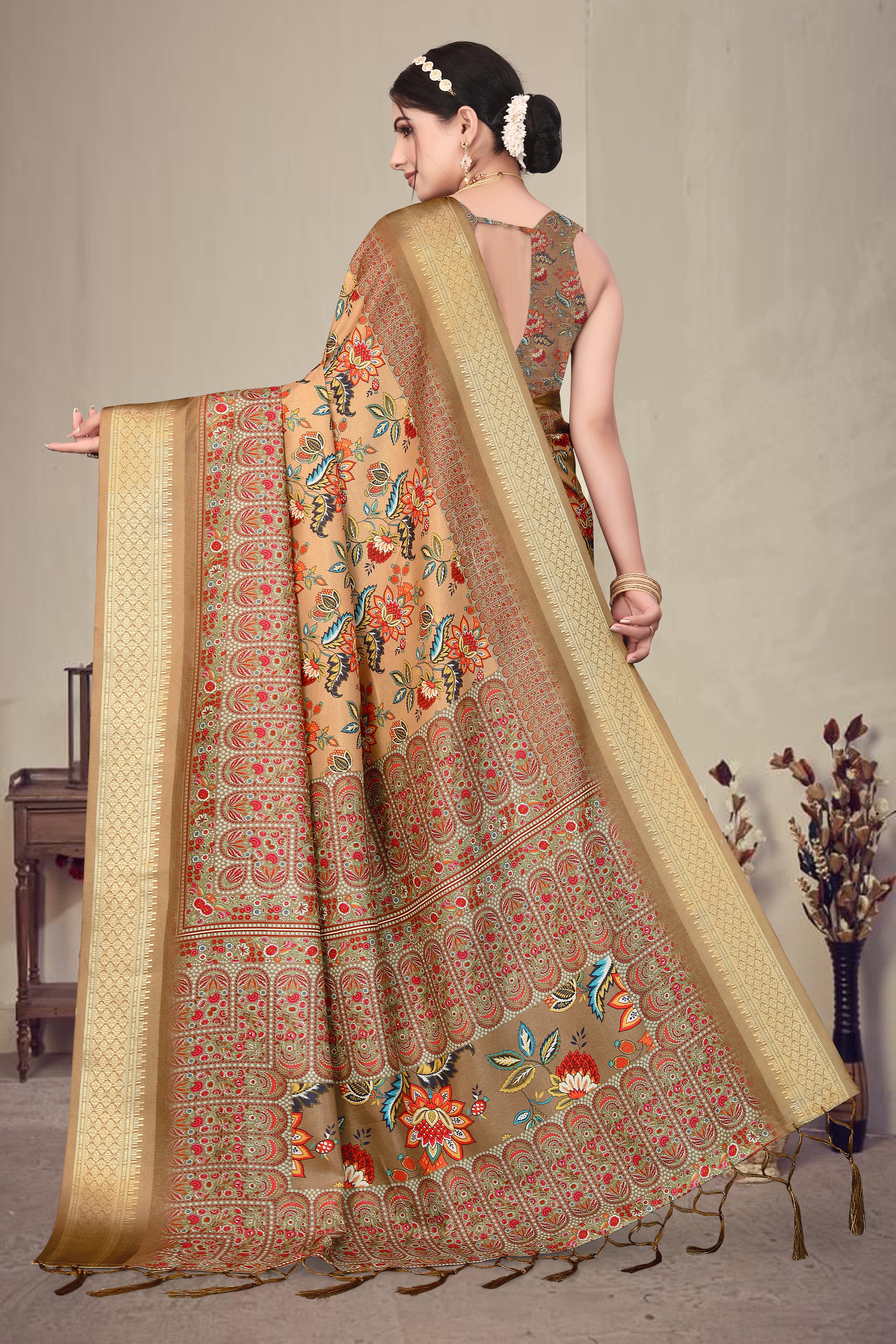 Fabrica Vibe Brown Handwoven Cotton Saree with Floral Heritage Woven Design