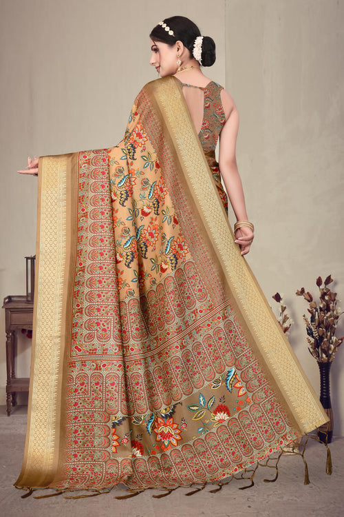 Fabrica Vibe Brown Handwoven Cotton Saree with Floral Heritage Woven Design