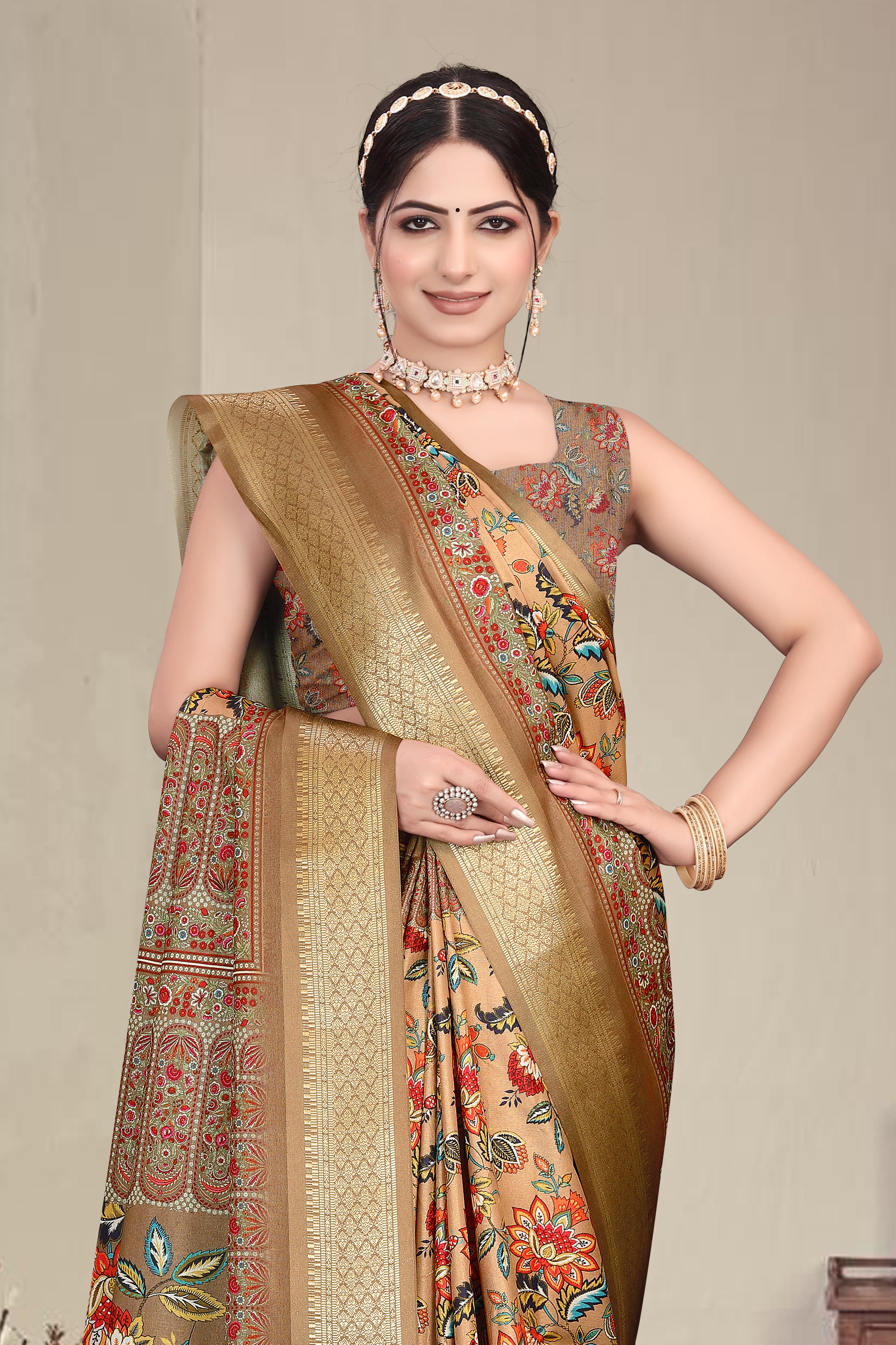 Fabrica Vibe Brown Handwoven Cotton Saree with Floral Heritage Woven Design
