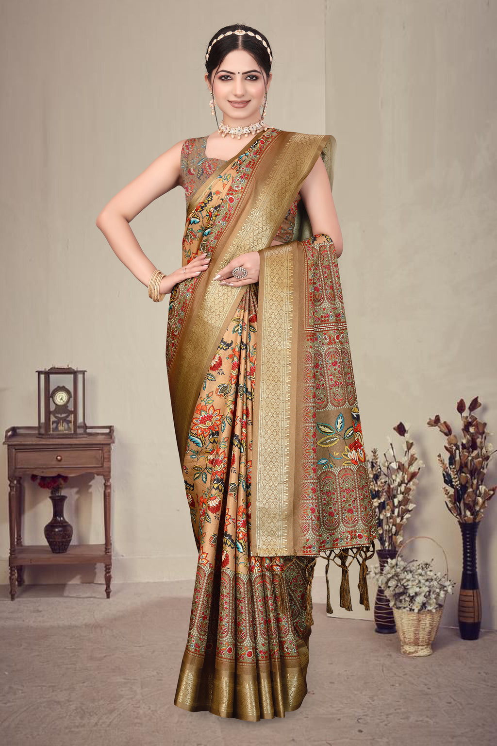 Fabrica Vibe Brown Handwoven Cotton Saree with Floral Heritage Woven Design