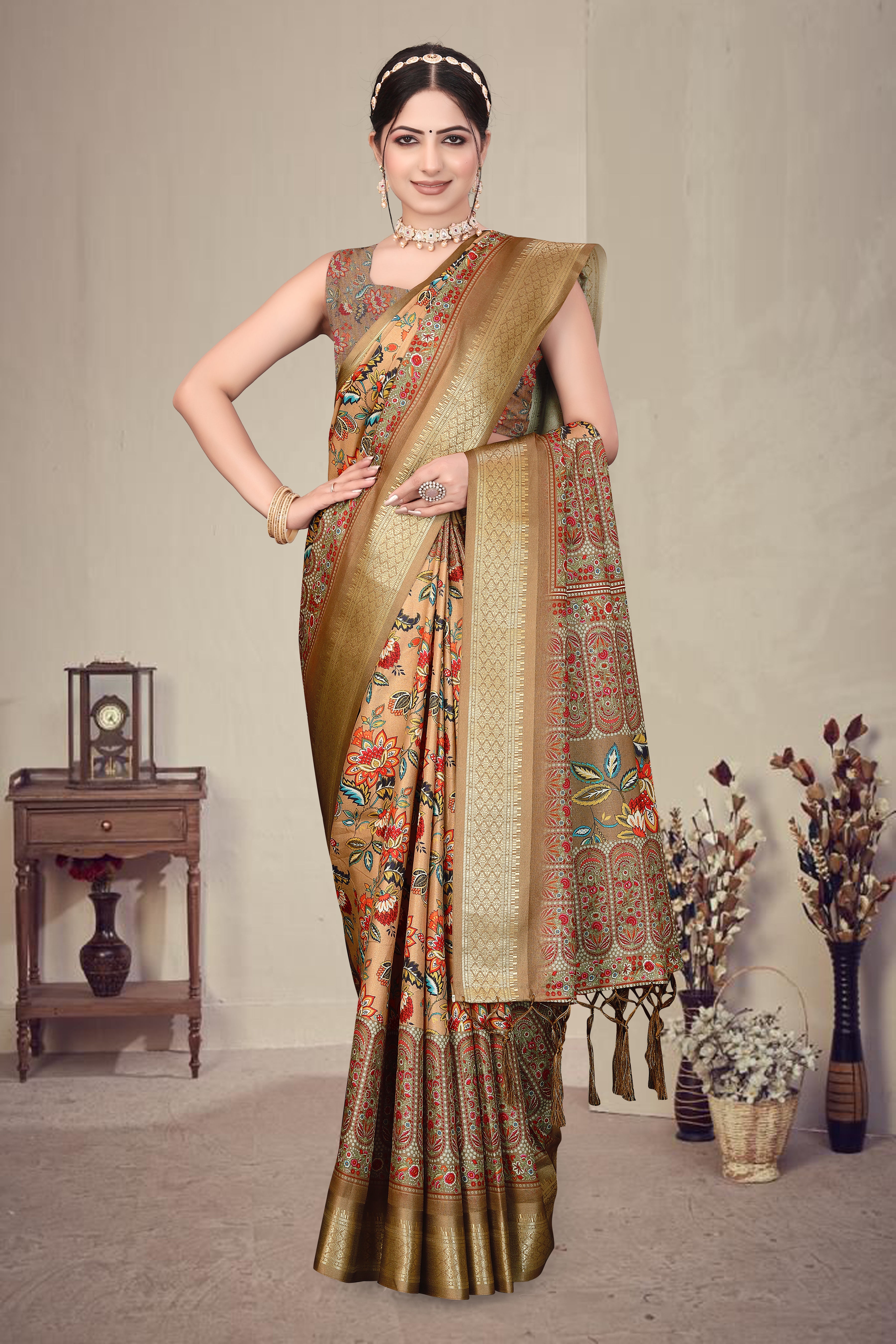 Fabrica Vibe Brown Handwoven Cotton Saree with Floral Heritage Woven Design