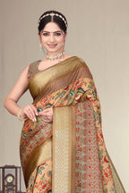 Fabrica Vibe Brown Handwoven Cotton Saree with Floral Heritage Woven Design