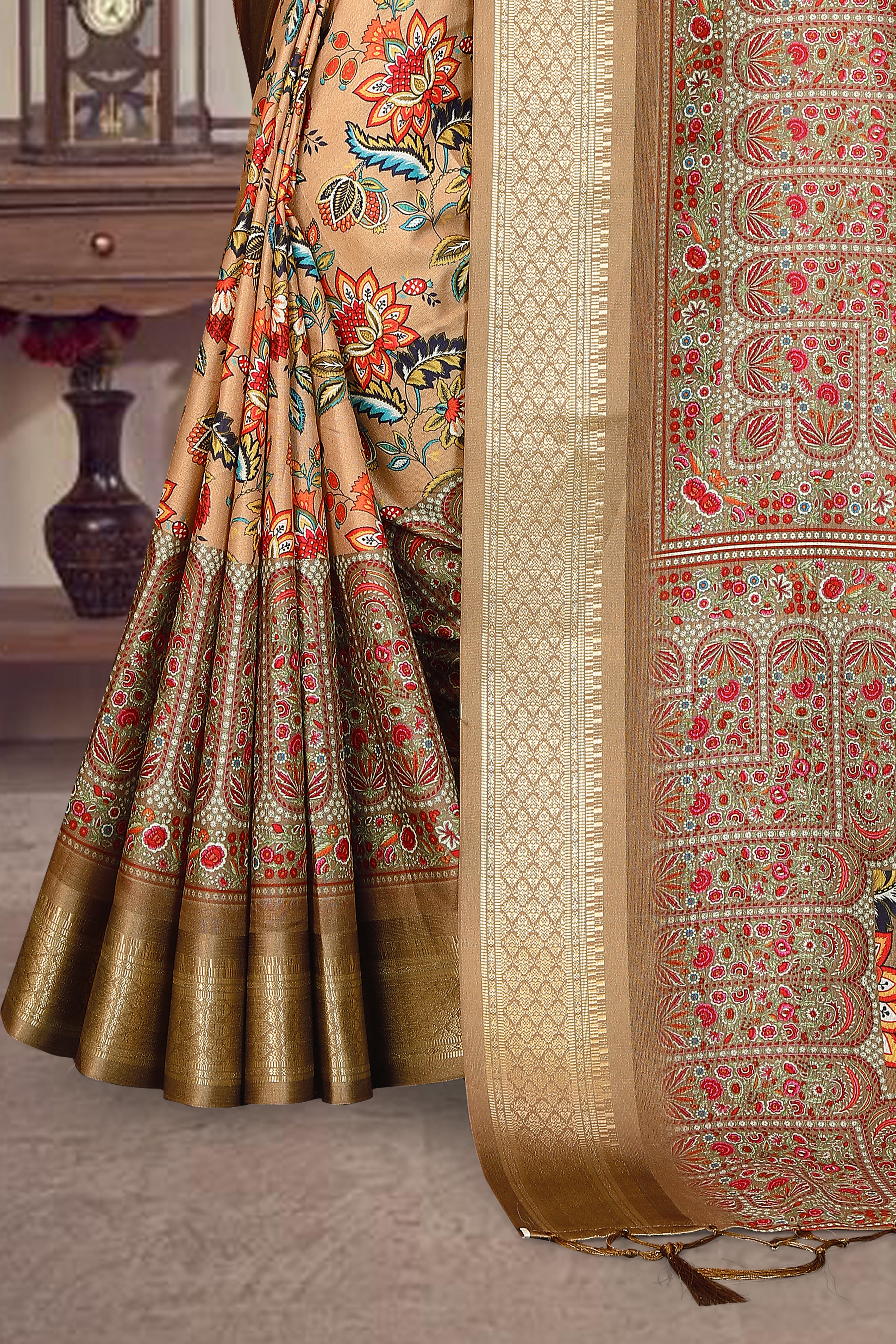 Fabrica Vibe Brown Handwoven Cotton Saree with Floral Heritage Woven Design