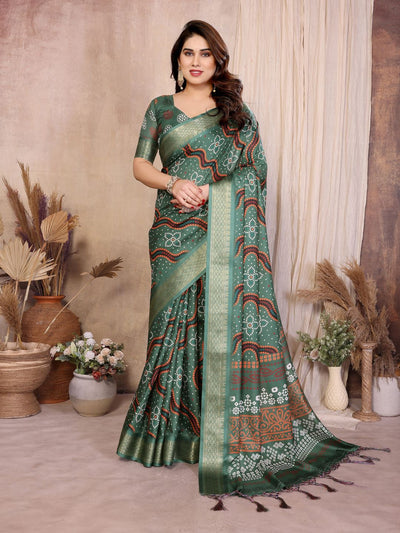 Fabrica Vibe Bottle Green Bandhej Inspired Cotton Saree with Traditional Geometric Pallu