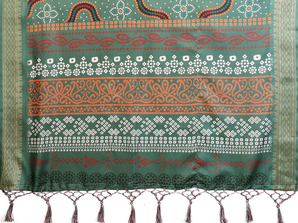 Fabrica Vibe Bottle Green Bandhej Inspired Cotton Saree with Traditional Geometric Pallu