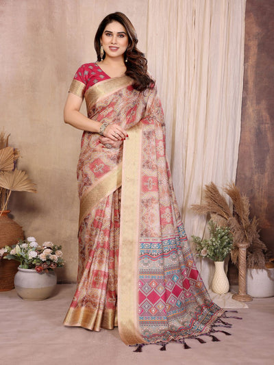 Fabrica Vibe Chiku Pink Handwoven Cotton Saree with Bandhej-Inspired Woven Design