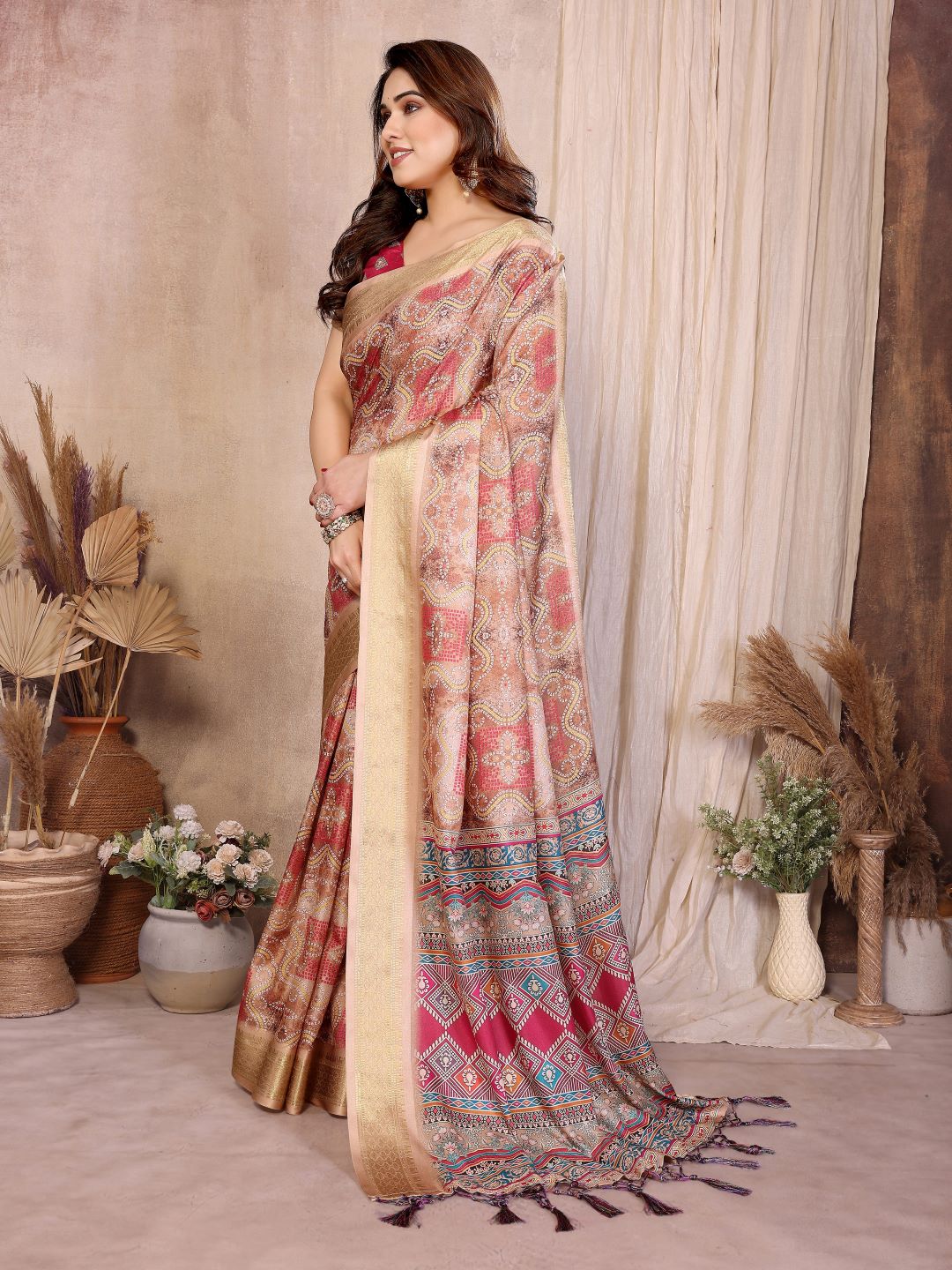 Fabrica Vibe Chiku Pink Handwoven Cotton Saree with Bandhej-Inspired Woven Design