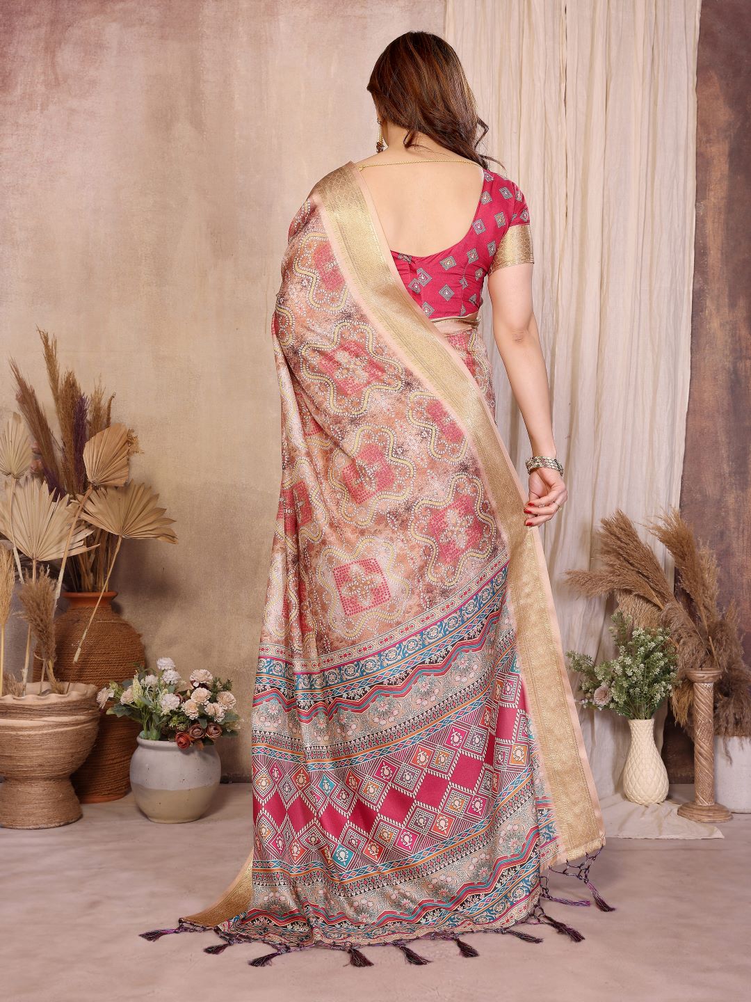 Fabrica Vibe Chiku Pink Handwoven Cotton Saree with Bandhej-Inspired Woven Design