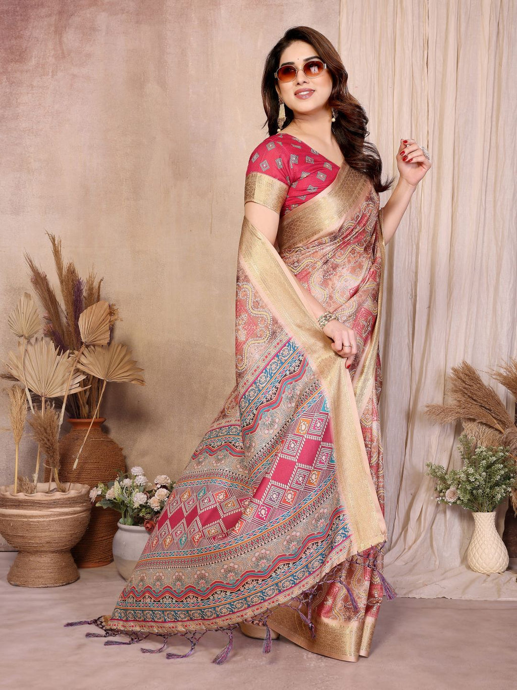 Fabrica Vibe Chiku Pink Handwoven Cotton Saree with Bandhej-Inspired Woven Design