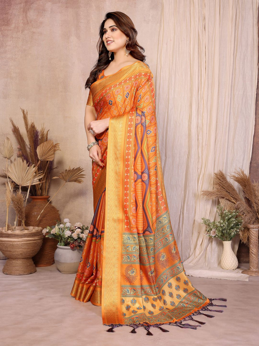 Fabrica Vibe Mustard Orange Handwoven Cotton Saree with Bandhej-Inspired Woven Design