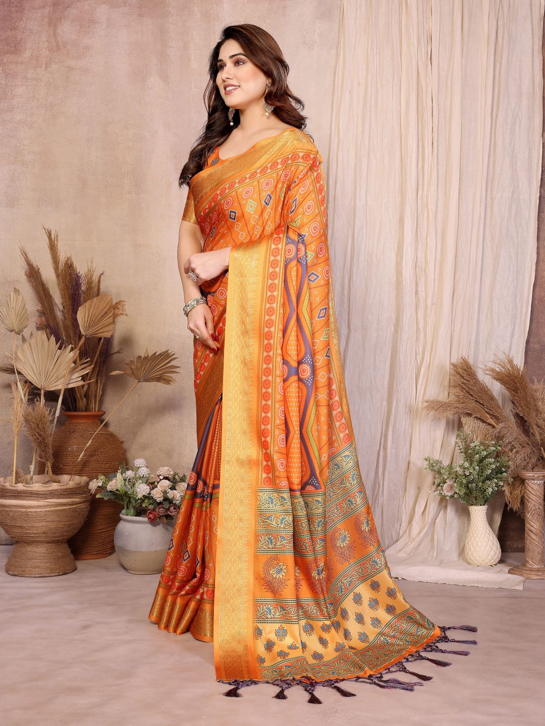 Fabrica Vibe Mustard Orange Handwoven Cotton Saree with Bandhej-Inspired Woven Design