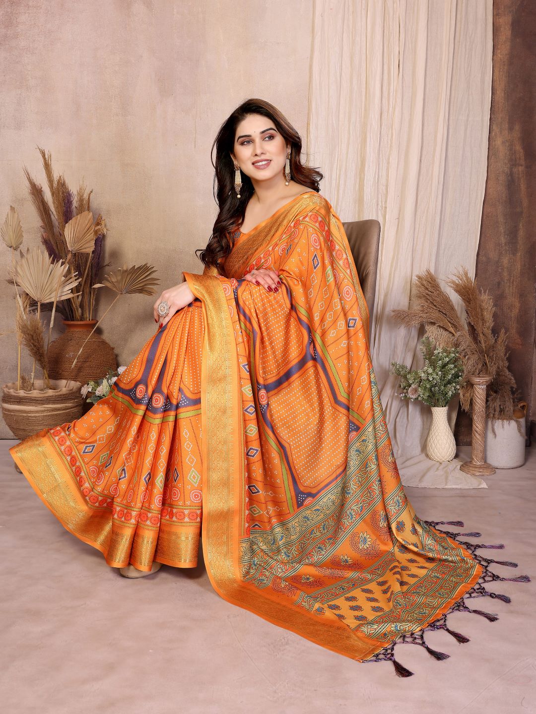 Fabrica Vibe Mustard Orange Handwoven Cotton Saree with Bandhej-Inspired Woven Design