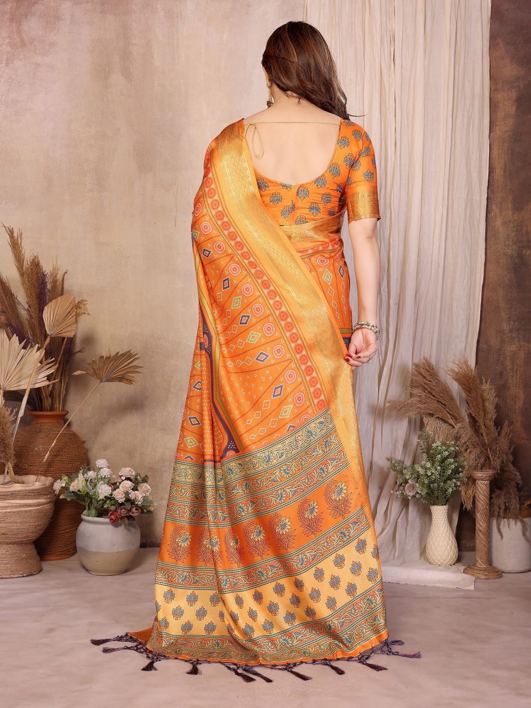 Fabrica Vibe Mustard Orange Handwoven Cotton Saree with Bandhej-Inspired Woven Design