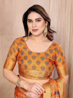 Fabrica Vibe Mustard Orange Handwoven Cotton Saree with Bandhej-Inspired Woven Design
