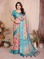 Fabrica Vibe Sky Blue Multicolor Bandhej Inspired Cotton Saree with Woven Border